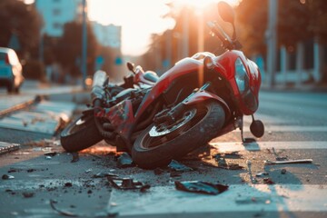 Crashed motorcycle accident scene on city street. Broken bike after traffic collision, damaged vehicle on asphalt road. Personal injury lawyer service, insurance claim process concept for web banner