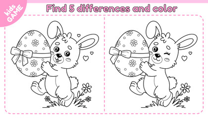 Easter kids game Find 5 differences with cartoon rabbit. Happy hare carries egg decorated with ribbon, bow. Spot the differences. Educational riddle for children. Spring holiday design. Vector outline