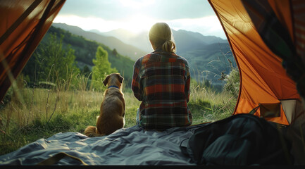 A traveler is relaxing with breathtaking view with golden retriever dog in camping tent on their...