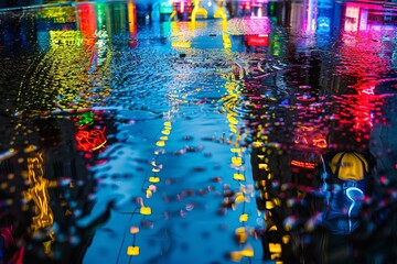night city street with colorful neon lights, reflection in puddles and water, rainy foggy weather