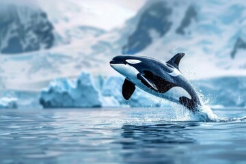 Majestic orca whale jumping out of sea with iceberg backdrop, representing effects of climate change on ocean ecosystem. Powerful image for World Oceans Day, encouraging environmental conservation