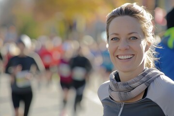 woman with a smile runs a marathon, with blurred runners in the background