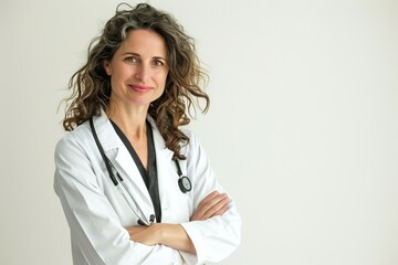 Portrait of a smiling female doctor standing with arms crossed over white background