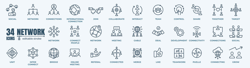 Network and Teamwork in business management icon set - Editable stroke