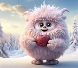 Naklejka premium Cute cartoon sheep with a red heart in the winter forest, Ai Generated