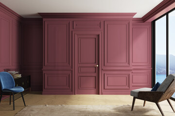 Modern home interior with decor, living room in burgundy color. Neoclassic interior design