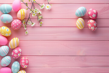 Easter eggs on light pink wooden background.