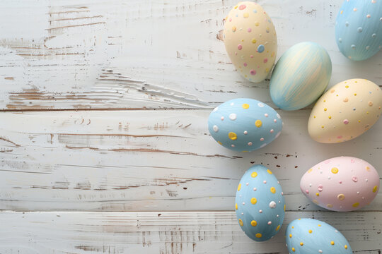 Colorful easter eggs collection on white wooden background.