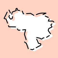 Venezuela country simplified map. White silhouette with black broken contour on pink background. Simple vector icon