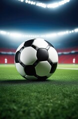 Soccer ball rests on grass of green field in front of majestic lit up, creating exciting atmosphere stadium. Scene captures essence of game, ready for action, excitement. Advertising, banner, print.