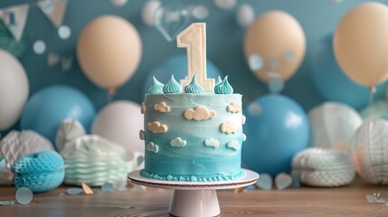 cake decorated, topper number one for baby birthday on a light background