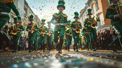 Fototapeta premium Energetic marching band in green uniforms. St. Patrick's Day parade