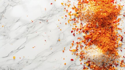 spill of spicy mix seasoning on a white marble surface,