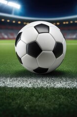Fototapeta premium Soccer ball rests on grass of green field in front of majestic lit up, creating exciting atmosphere stadium. Scene captures essence of game, ready for action, excitement. Advertising, banner, print.