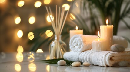 Fototapeta na wymiar Spa composition. Towels, stones, reed air freshener and burning candles on white marble table against blurred lights, space for text