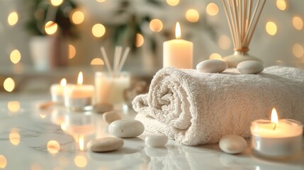 Obraz na płótnie Canvas Spa composition. Towels, stones, reed air freshener and burning candles on white marble table against blurred lights, space for text