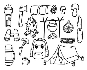 Camping outdoor doodle set. Wild adventure equipment. Camping and hiking items. Outdoor recreation concept.