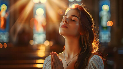 Young woman is praying to God in church. Conception of faith - obrazy, fototapety, plakaty