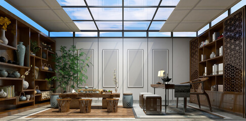 3d render of working room, study room, office interior