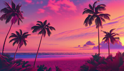 Fototapeta na wymiar Nostalgic 80s Sunset Ai generated Illustration of synthwave sunset