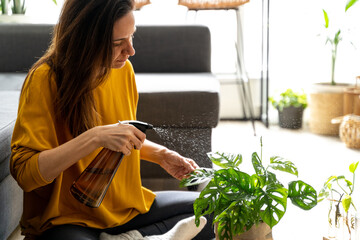 Young Caucasian woman spraying water on a Montera Adansonii plant at home.