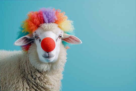 Funny image of a sheep wearing a clown wig and red nose on a blue background