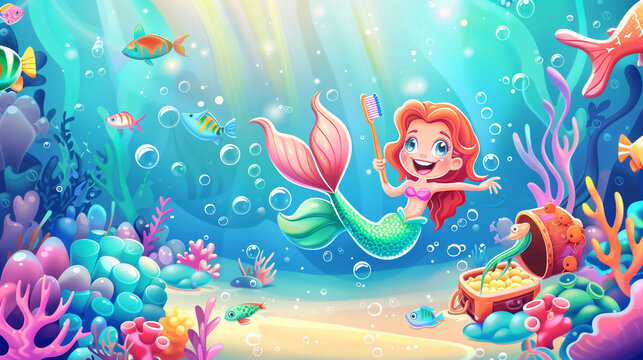 An underwater cartoon with mermaids and fish showing how to brush teeth using coral brushes and seaweed paste, amidst bubbles, plants, and a treasure chest.