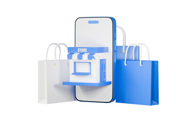 3d store shop building with smartphone and shopping bag icon. E-commerce, Online Shopping concept, Convenience store shopping online delivery service on mobile application, 3d rendering illustration.