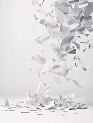 3D illustration of a tornado of flying and scattered white paper sheets on a white background.