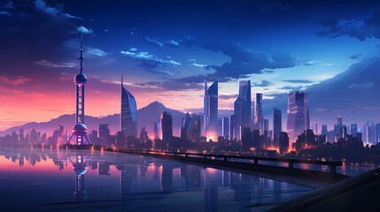 Professional photography of city with bright lights at night