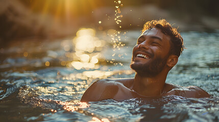 a clothed man is coming up out of the water baptism, smiling. he is in a river. the sun is shining on him.