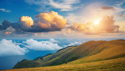 blue sky with fluffy white clouds, golden sun peeking through, serene landscape backdrop