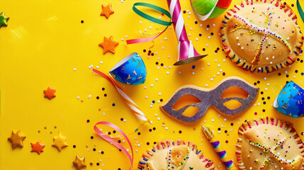 Colorful carnival background with masks, streamers, confetti, and traditional sweets.