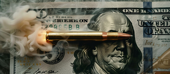 Conceptual Image of Bullet Shooting Through Dollar Bill with Smoke
