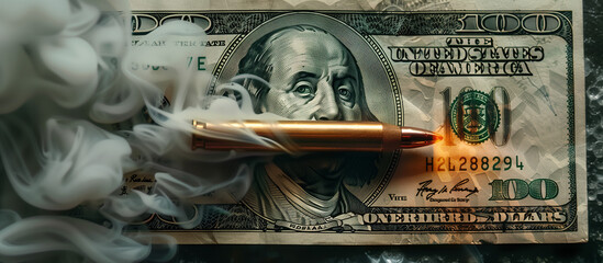 Conceptual Image of Bullet Shooting Through Dollar Bill with Smoke
