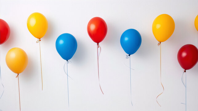 Primary-colored balloons float against a white background in this fun and festive image.
