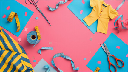 Colorful sewing and craft supplies on a pink and blue background - obrazy, fototapety, plakaty