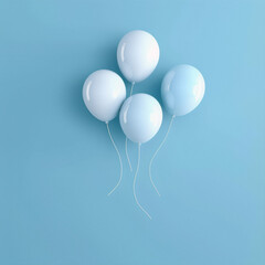Four pastel blue and white balloons float against a blue background in this 3D rendering, evoking a sense of whimsy and nostalgia.