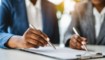 Woman's hand signing contract with agent at white table, symbolizing trust and commitment in insurance and real estate deals - obrazy, fototapety, plakaty