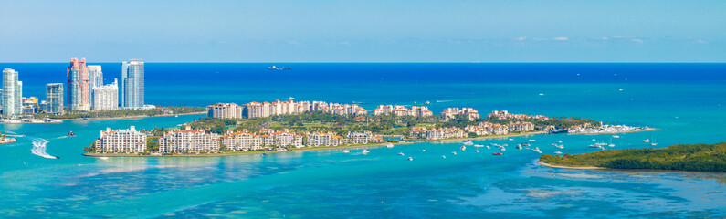 Aerial panorama Miami Beach Fisher Island from west view 2024