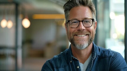 Man With Glasses Smiling at Camera - obrazy, fototapety, plakaty