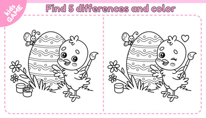 Easter kids game Find 5 differences with cartoon chick. Cute small chicken paints the egg with a brush. Spot the differences. Educational worksheet for children. Spring holiday design. Vector outline.