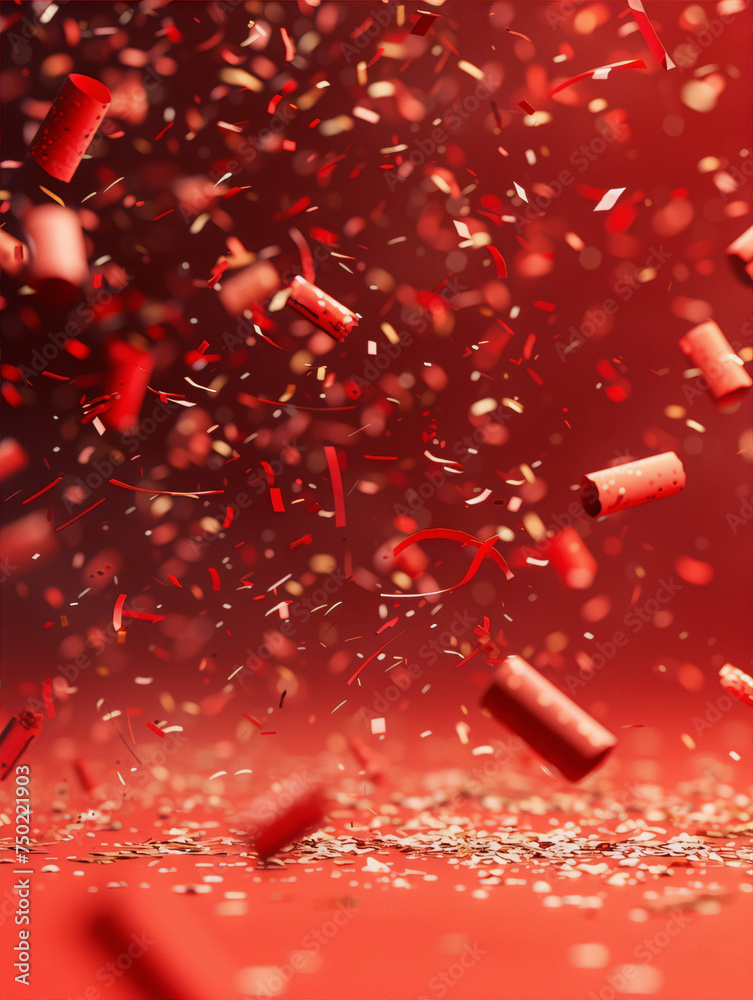 Wall mural falling red and gold confetti on a red background