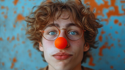 Portrait of a young male clown with red nose and glasses on blue and orange background - obrazy, fototapety, plakaty
