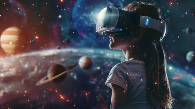 Child girl wearing virtual reality headset and looking at digital space system with planets or Universes. Space exploration with augmented reality glasses. Generative AI