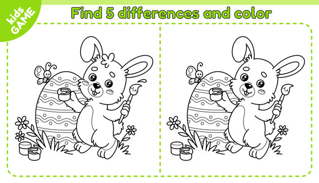 Easter kids game Find 5 differences with cartoon rabbit. Happy hare paints the egg with a brush. Spot the differences. Educational worksheet for school children. Spring holiday design. Vector outline.