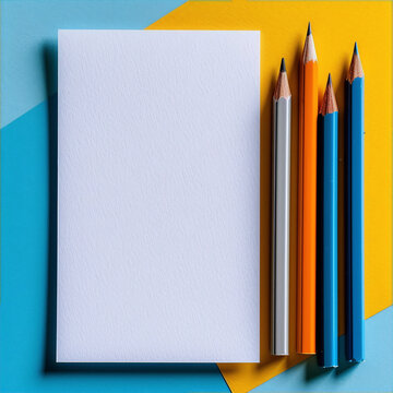 A minimal art image of a blank white paper and four sharpened colored pencils on a blue and yellow background.