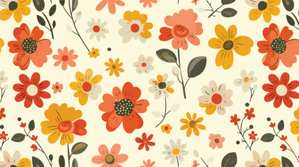 Naive floral pattern in the style of the 70s with gr - obrazy, fototapety, plakaty