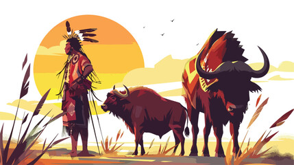 Fototapeta na wymiar Native with buffaloes sunset isolated on white backg