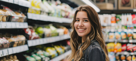 Fototapeta premium A smiling woman stands in a supermarket, smiling brightly in front of shelves filled with products, exuding joy and contentment in her shopping experience